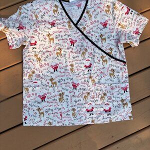 Rudolph the Red Nosed Reindeer Holiday Scrub Top w/ Santa  Size M Christmas